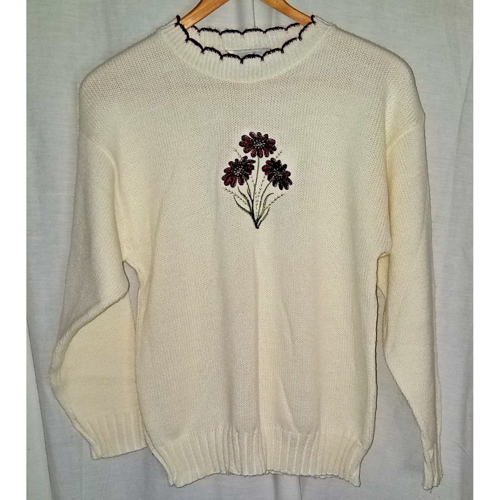 Vtg Nan‎ Dorsey Embroidered Cream Sweater Flowers Size M